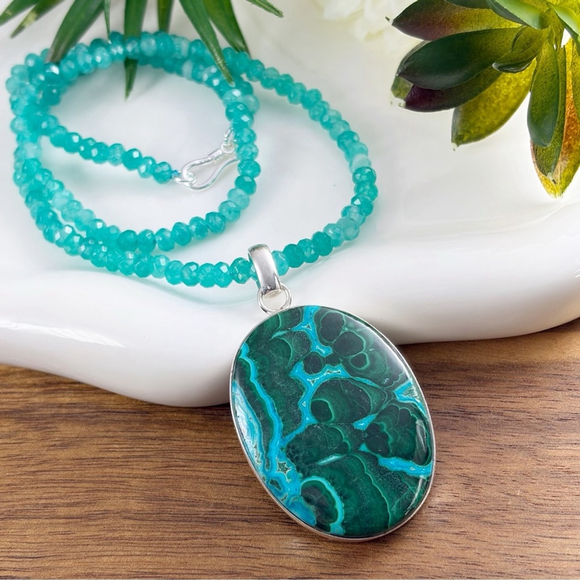 Large Top Quality Pure Sterling Silver 925 Malachite Chrysocolla Pendant - Picture 4 of 10